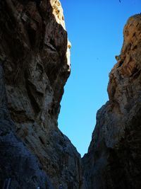 Low angle view of rock formation against clear blue sky