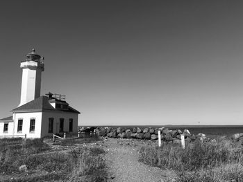 Lighthouse on field by sea against clear sky