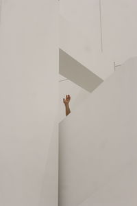 Low angle view of person hand on behind wall