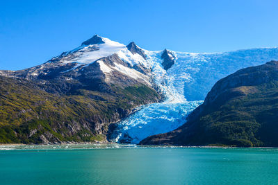 Scenic view of sea and snowcapped mountains against blue sky