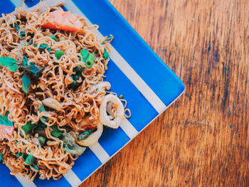 High angle view of food in plate on table