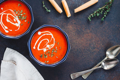 High angle view of soup in bowl on table