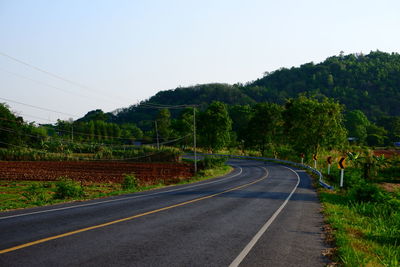 Empty road by trees against sky