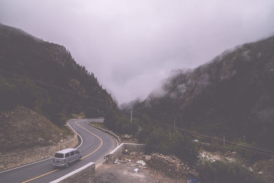 High angle view of road on mountain against sky