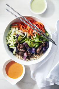 Beef and rice poke bowl