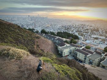 High angle view of cityscape against sky during sunset