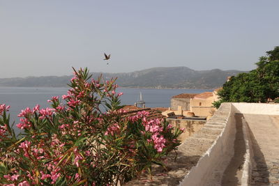 Scenic view of sea by mountain against clear sky