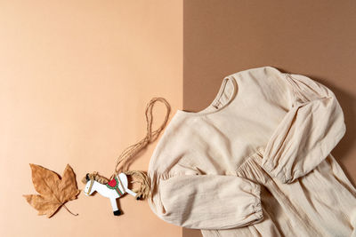 High angle view of clothes hanging on wall