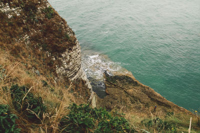 High angle view of sea by cliff