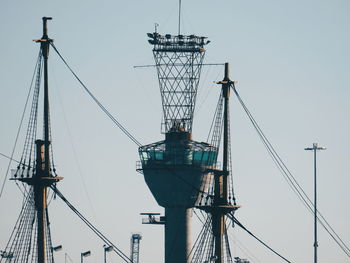 Low angle view of cranes against clear sky