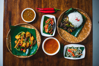 High angle view of meal served on table