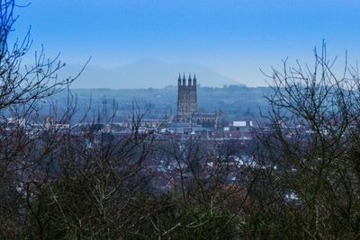 Buildings in city at dusk