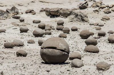 High angle view of stones on beach