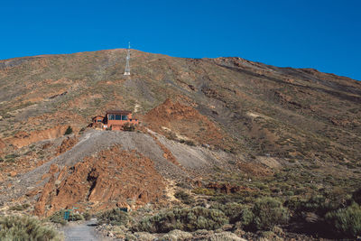 Scenic view of mountain against clear blue sky