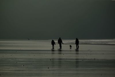 Silhouette people on beach against sky