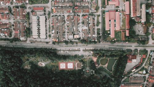 High angle view of buildings in city