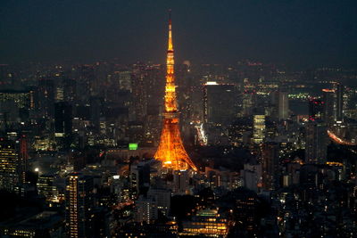 Illuminated buildings in city at night