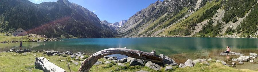 Scenic view of river and mountains