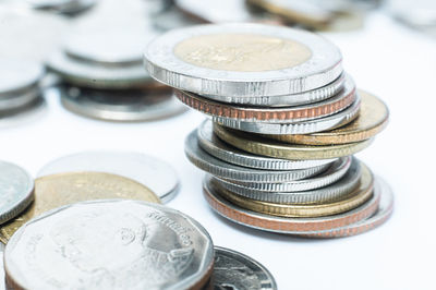 High angle view of coins