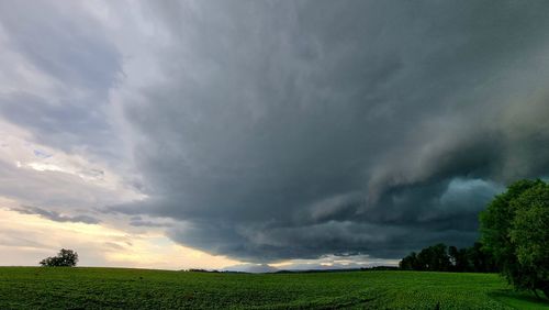 Scenic view of field against cloudy sky