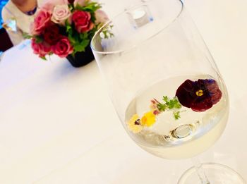 Directly above shot of served fruits in glass on table