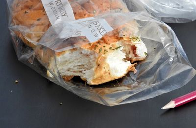 High angle view of bread in plate on table