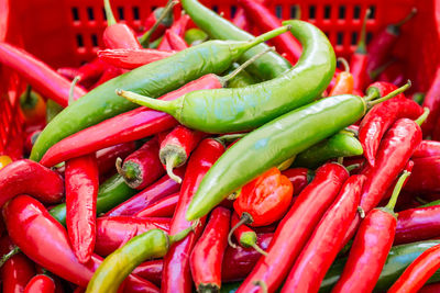 Close-up of chili peppers for sale at market