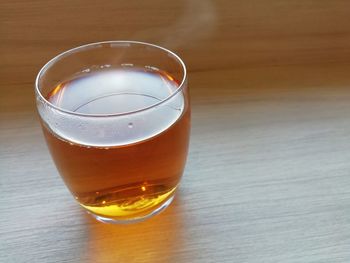 High angle view of beer glass on table