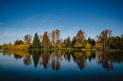 Scenic view of lake by trees against sky