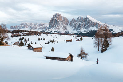 Scenic view of snow covered land and mountains against sky