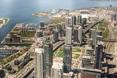 View of cityscape by river