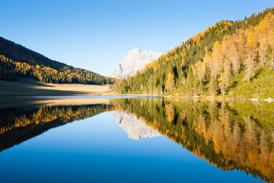 Scenic view of lake and mountains against clear blue sky