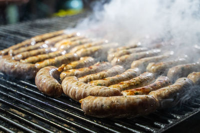 Close-up of meat on barbecue grill