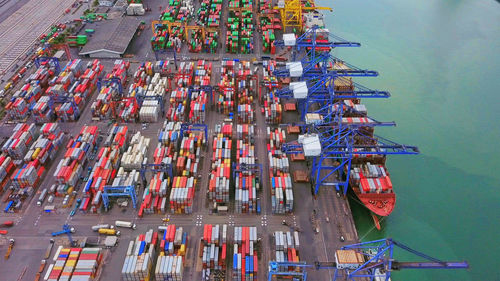 High angle view of multi colored ship on pier