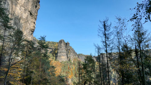 Low angle view of rocks against clear blue sky