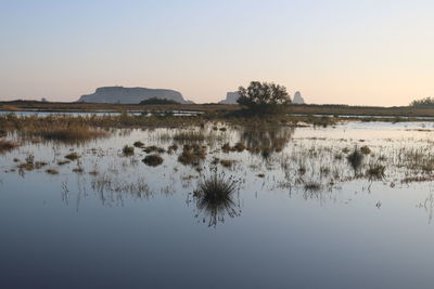 Scenic view of lake against clear sky