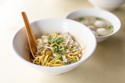 High angle view of soup in bowl