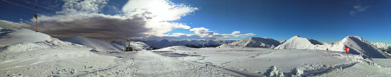Panoramic view of snowcapped mountains against sky