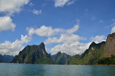 Scenic view of lake and mountains against sky