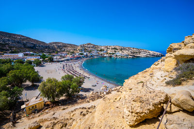 Scenic view of sea against clear blue sky