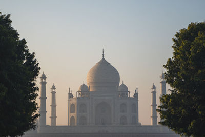 Beautiful taj mahal peeping in between trees.