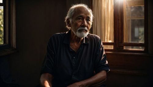 Side view of young man sitting on chair at home