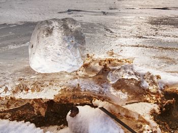 High angle view of ice on table at beach