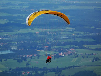 Rear view of person paragliding over trees