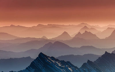 Scenic view of mountains during sunset