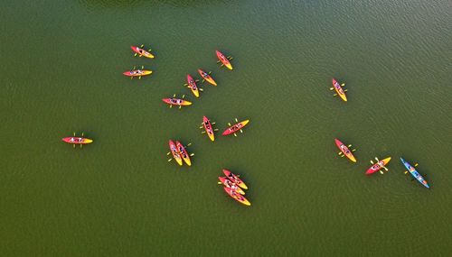 High angle view of multi colored floating on water