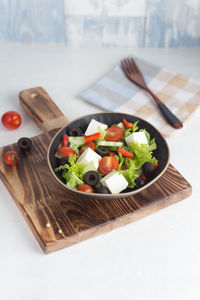 High angle view of salad in bowl on table