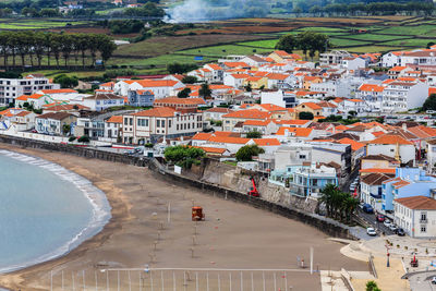 High angle view of buildings in city