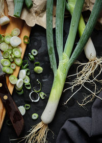 High angle view of chopped vegetables on cutting board