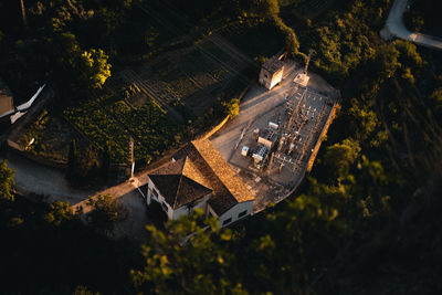 Power house amid scenic olive groves. aerial view over rural landscapes.